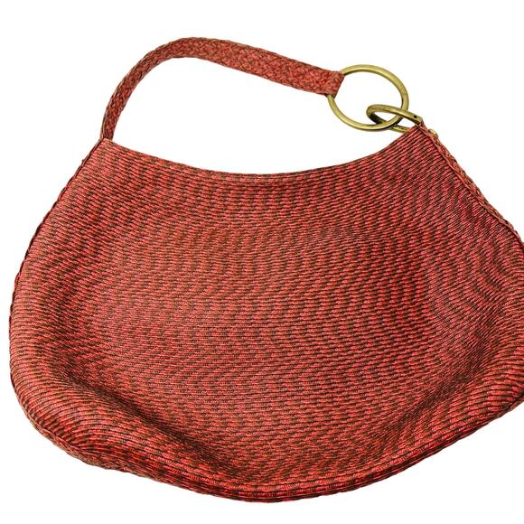 Eric Javits Woven Handbag Brass Loop Detail Shoulder Red Gold - Picture 2 of 8